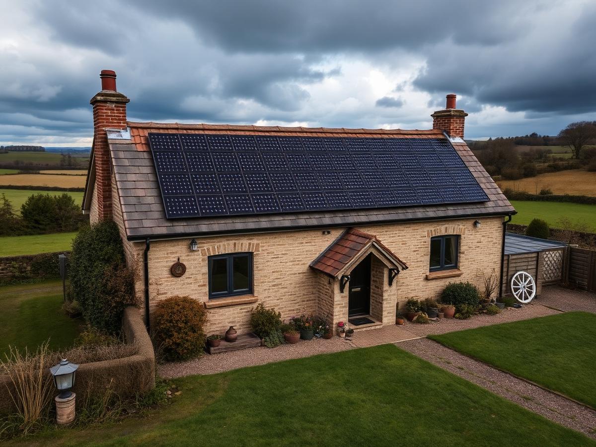 Rural cottage with solar panels fitted to the roof