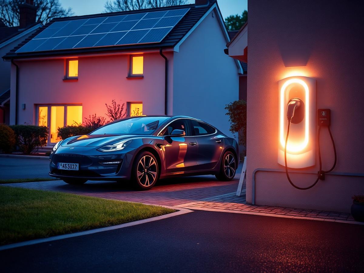 Electric car beside a home with solar panels and a wall-mounted charger